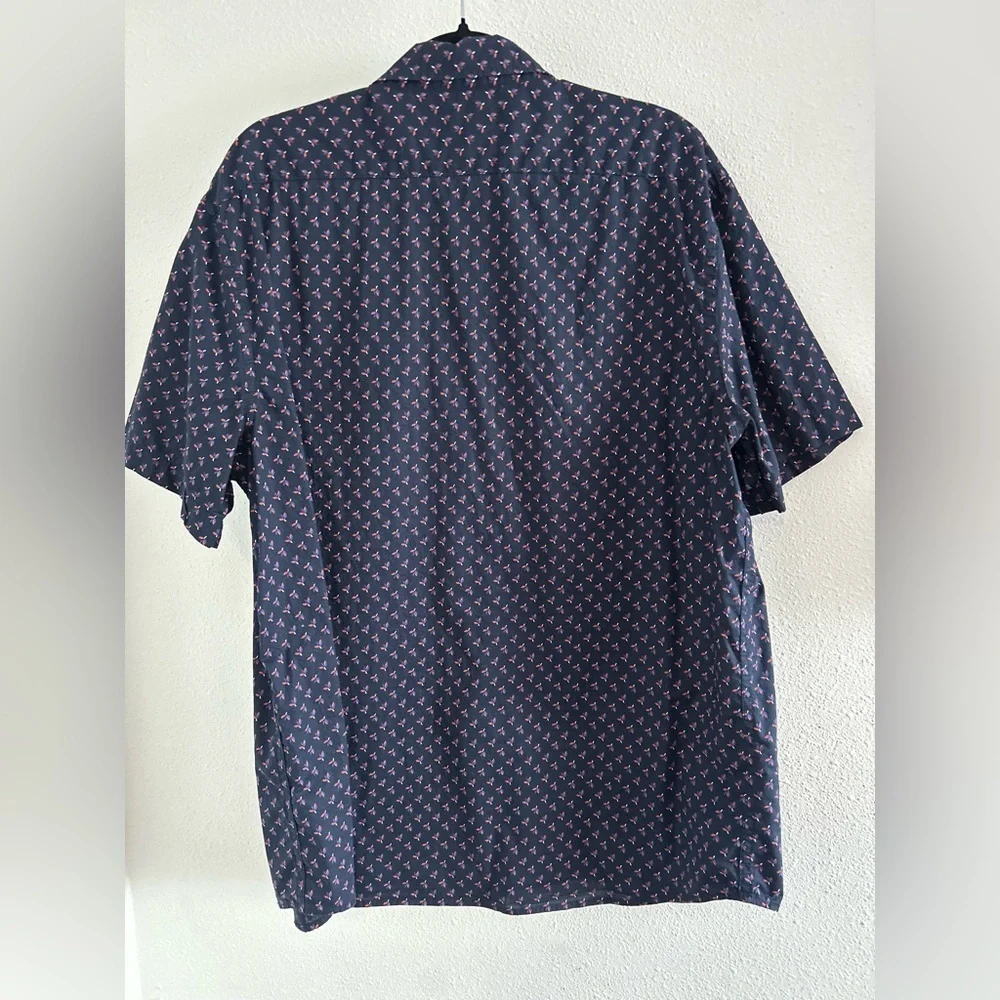 Banana Republic Navy Short-Sleeve Button-Down with Pink Geometric Print